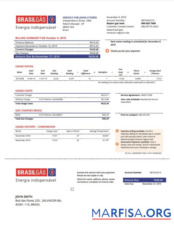 Printable Brazil Gas utility bill template in Word and PDF format